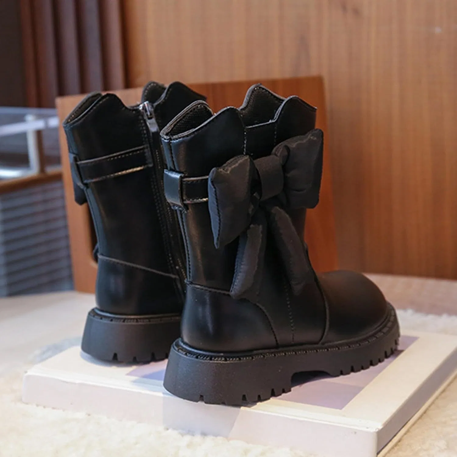 Детские ботинки с шнуровкой и боковой молнией Knee-High Lug XovLAHzY, Black — фото 4