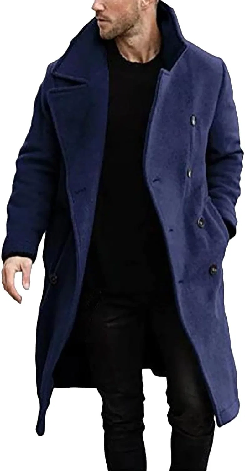 Мужское пальто-тренч с двубортной застежкой, Classic Winter Woolen Outerwear, тёмно-синий