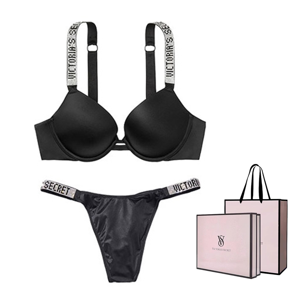Комплект женского нижнего белья Victoria's Secret  Very Sexy Shine Strap Push-Up Bra and Thong Set, черный — фото 3