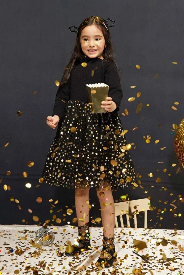 Детское платье для девочек с принтом Black Star Printed Tulle Skirt Girls' Dress Le Mabelle, Black — фото 2