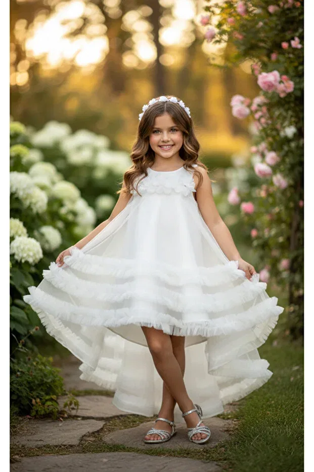 Детское платье для девочек из тюля Beauty tail evening dress and crown Sirri, White