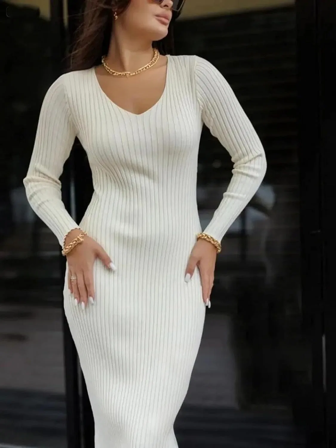 Женское платье-свитер с V-образным вырезом Bodycon, 76 — фото 2