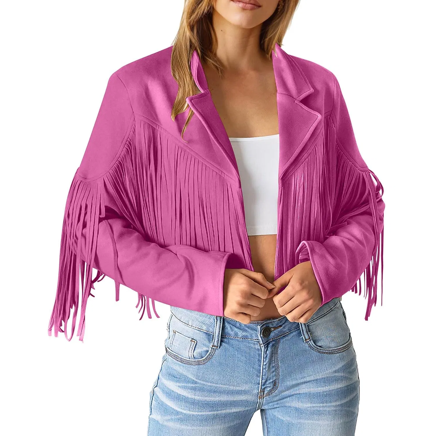 Женская куртка из экокожи с бахромой, Rosa Intenso — фото 3
