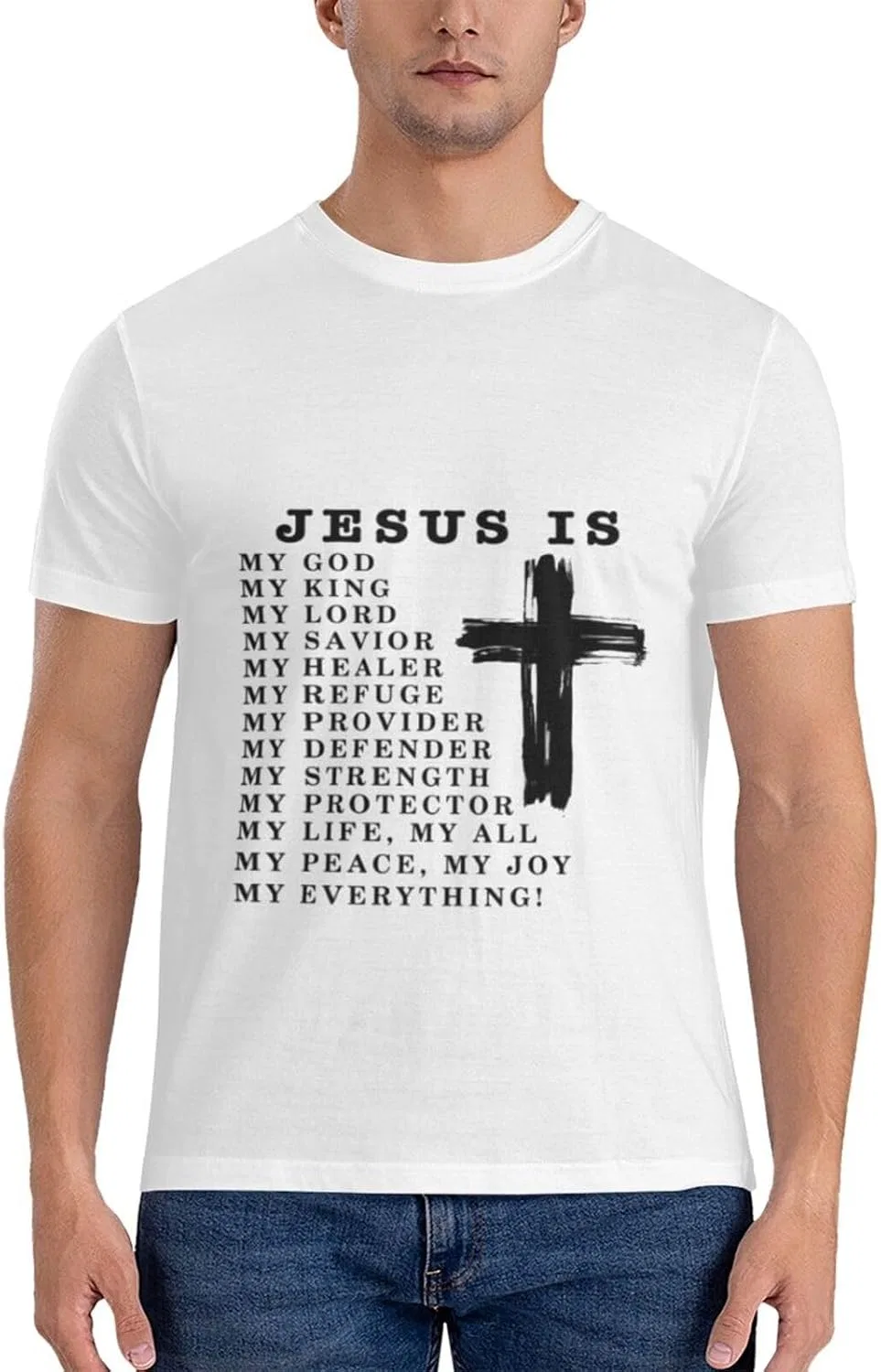 Мужская футболка с принтом Letter Print Regular Fit, Jesus is My God My King My Savior Christian Black — фото 2