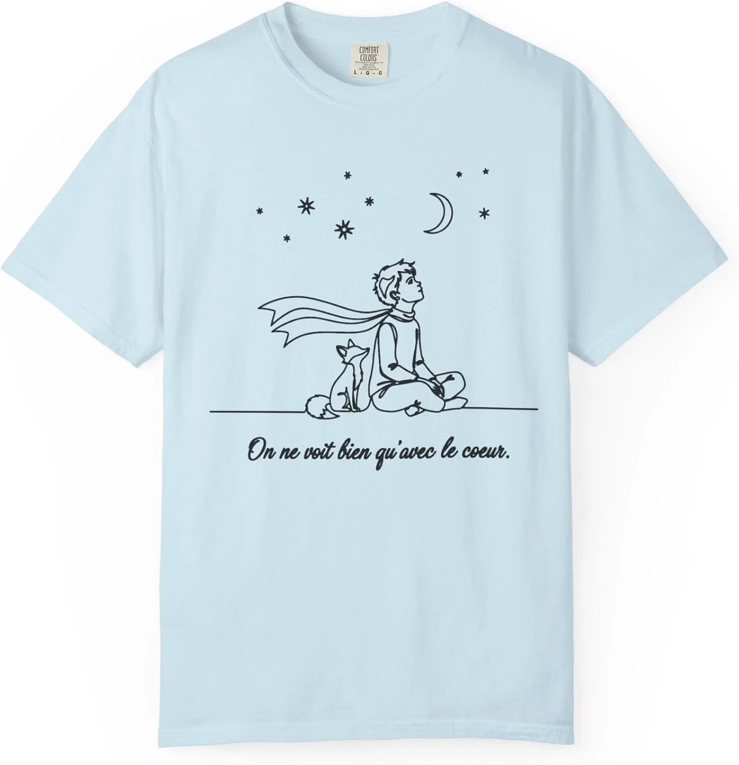 Женская футболка с принтом Embroider Classic French Illustration Prince Line Art | French Quote On ne voit bien qu'avec le cœur, Chambray