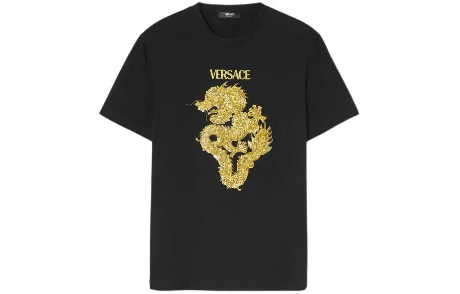 Футболка с круглым вырезом, прямая посадка, VERSACE, Black