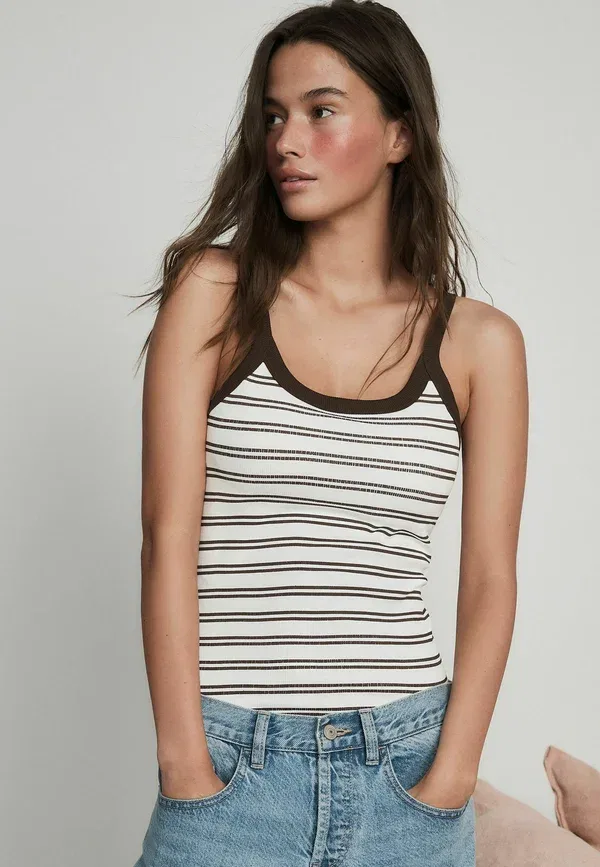 Топы-майки 2 шт, хлопок, Regular fit, Next, Khaki Brown, White Stripe, белый/коричневый/хаки