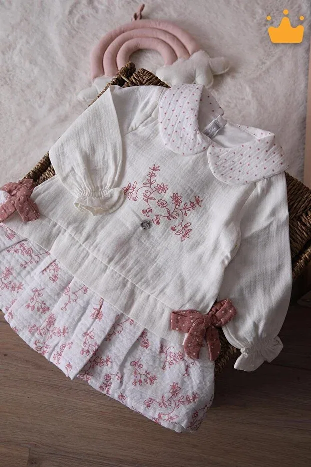 Детское платье для девочек хлопковое Muslin baby girl holiday long sleeve dress 15178 Babydola, Ecru