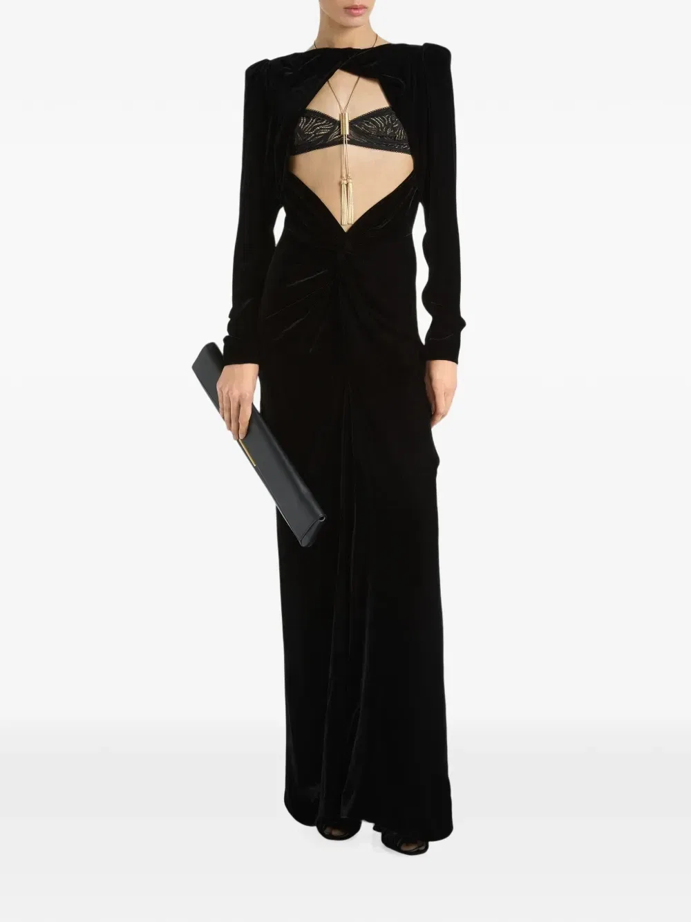 Длинное бархатное и кружевное платье BALMAIN, черный