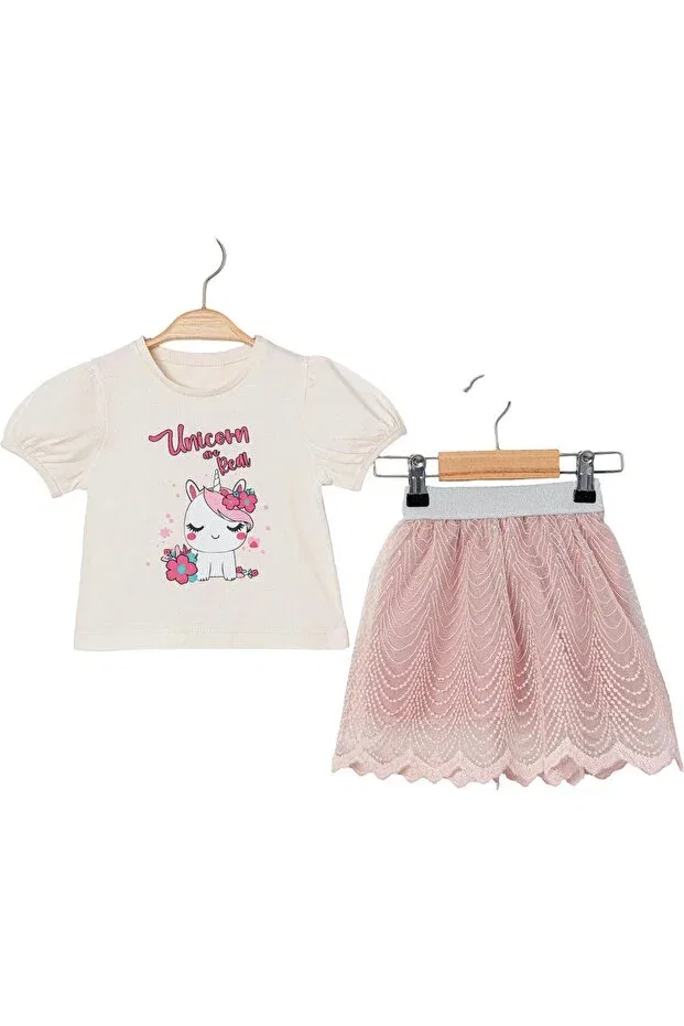 Детский комплект для девочек с принтом Unicorn Printed Tulle Skirt Mirkon, Pink — фото 2