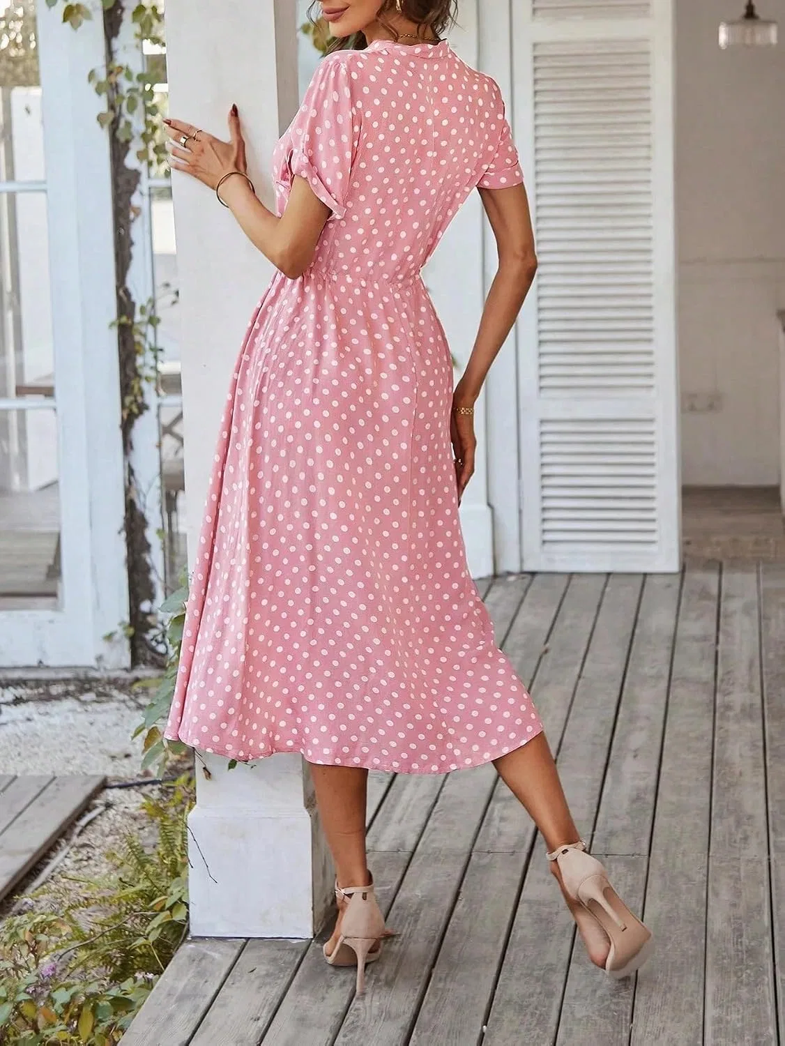 Женское летнее платье с запахом Polka Dot Half Button Knot Front Maxi, Pink — фото 2