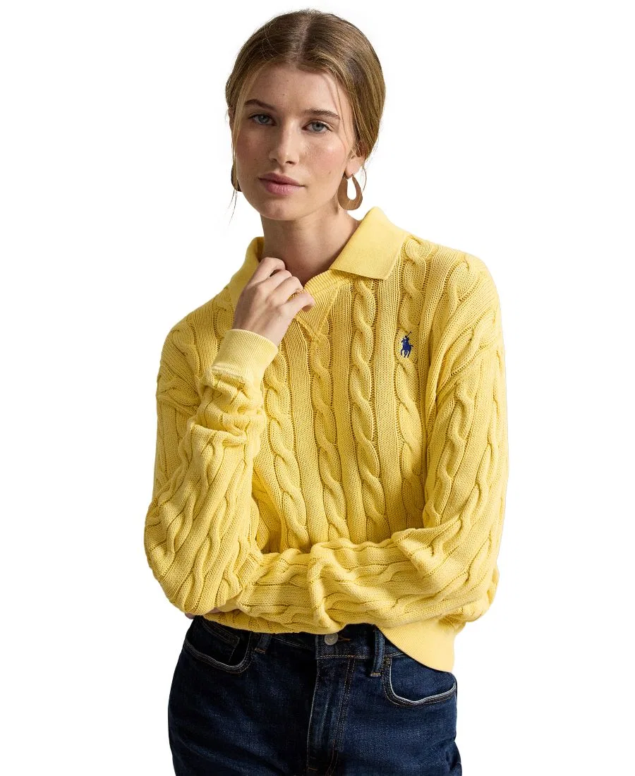 Свитер женский с кабельным узором из хлопка, модель Cable-Knit Cotton Polo Sweater Polo Ralph Lauren, Fall Yellow