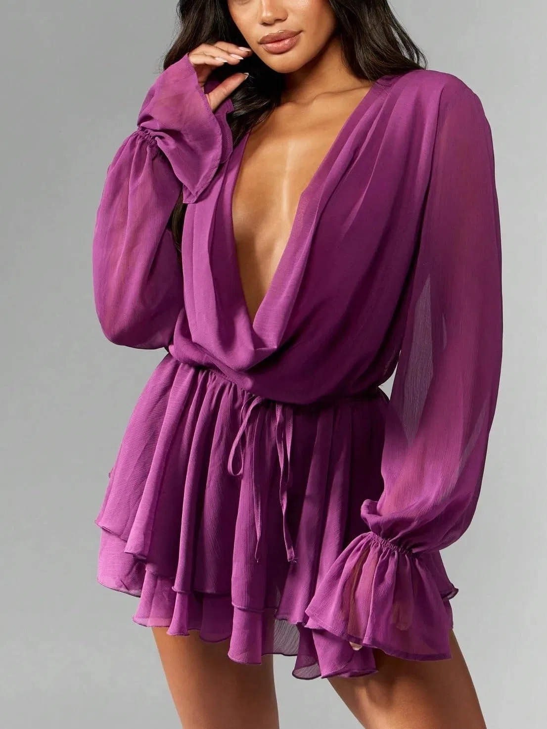 Женское мини-платье-рубашка с воланами из шифона, Purple — фото 3