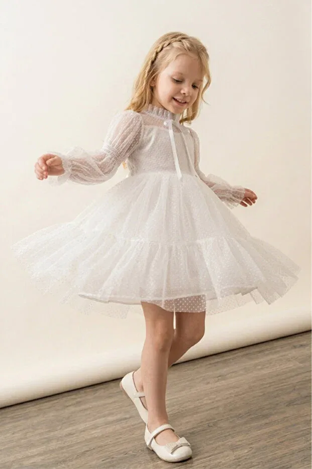 Детское вечернее платье для девочек с длинным рукавом Modest Eray Kids, White — фото 4