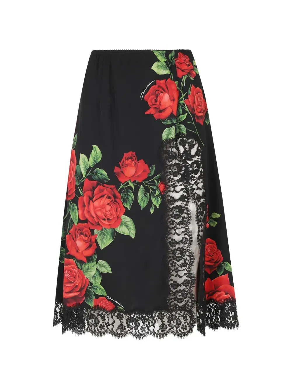 Юбка миди с цветочным принтом и кружевной отделкой DOLCE & GABBANA, черный