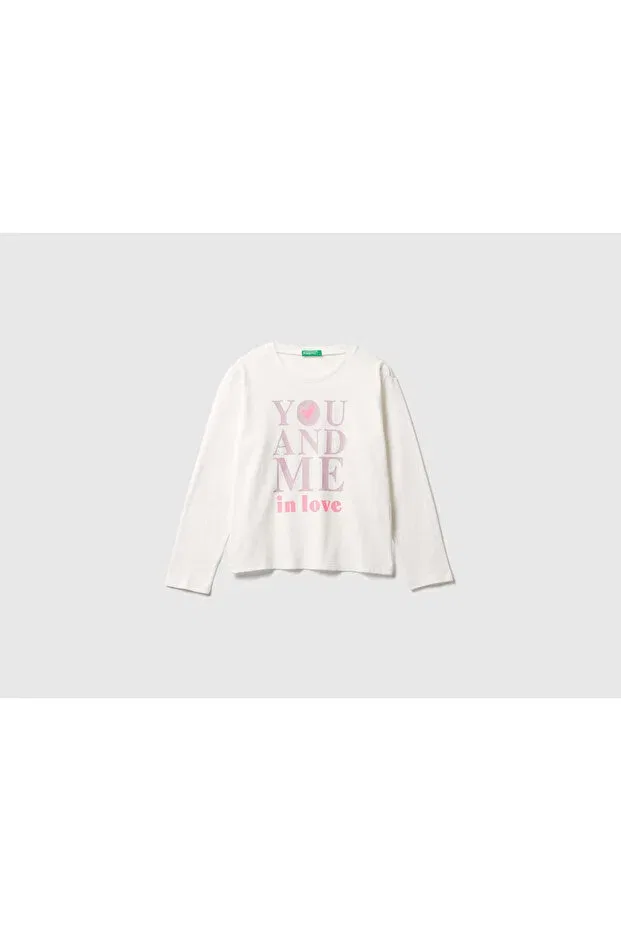 Детская футболка с длинным рукавом с принтом United Colors Of Benetton, Ecru