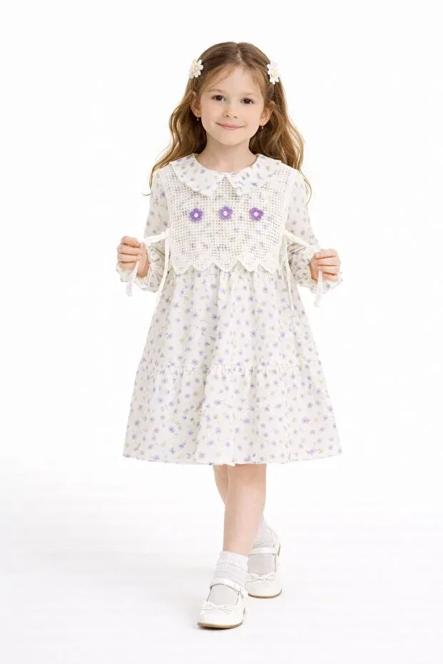 Детское платье для девочек с принтом Lilac Floral Print Embroidered Vest Cansın Mini, Lilac — фото 2