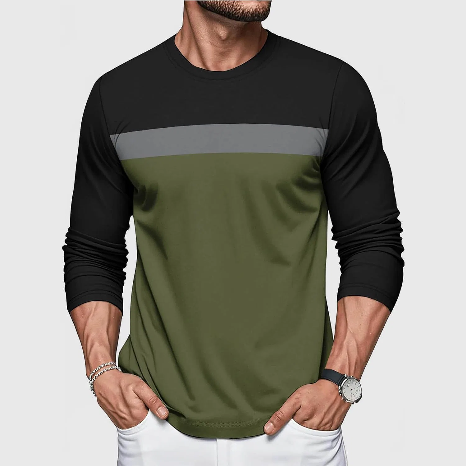Мужская футболка с длинным рукавом Henley Regular Fit, Army Green — фото 2