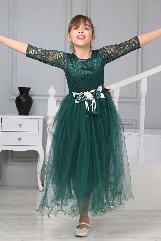 Детское платье для девочек кружевное с принтом Guipure Embroidered Jannock, Emerald — фото 3