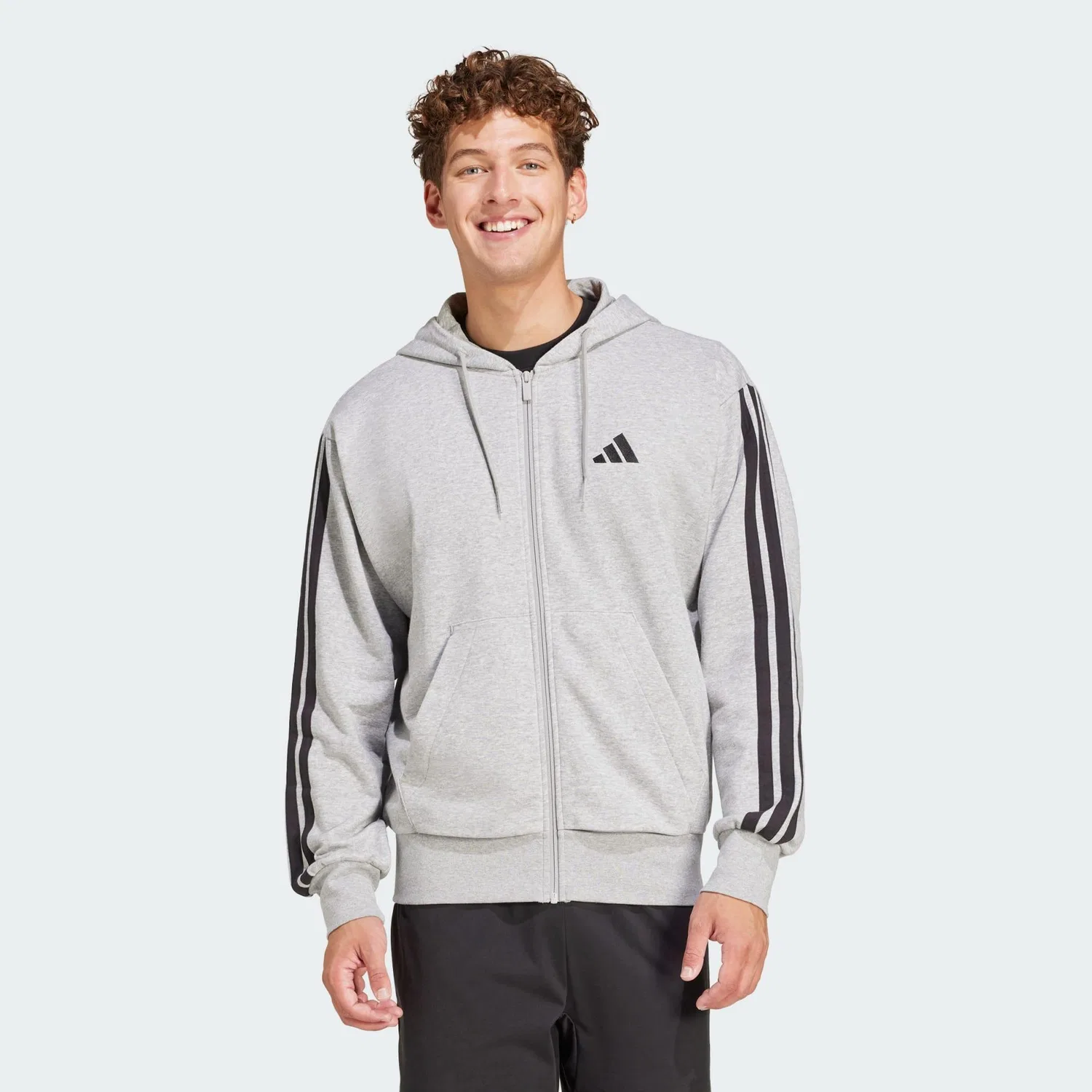 Мужское худи с длинным рукавом Essentials 3-Streifen French Terry Adidas, Grau Schwarz