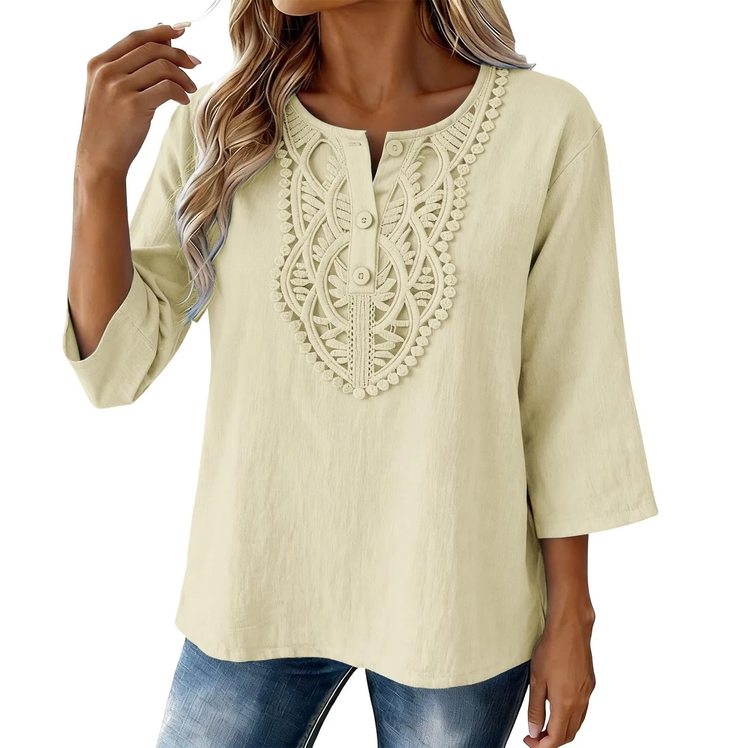 Женская льняная туника с вышивкой Retro 3/4 Sleeve Boho Casual Loose Fit Lightweight Summer Beach Blouse, A-beige