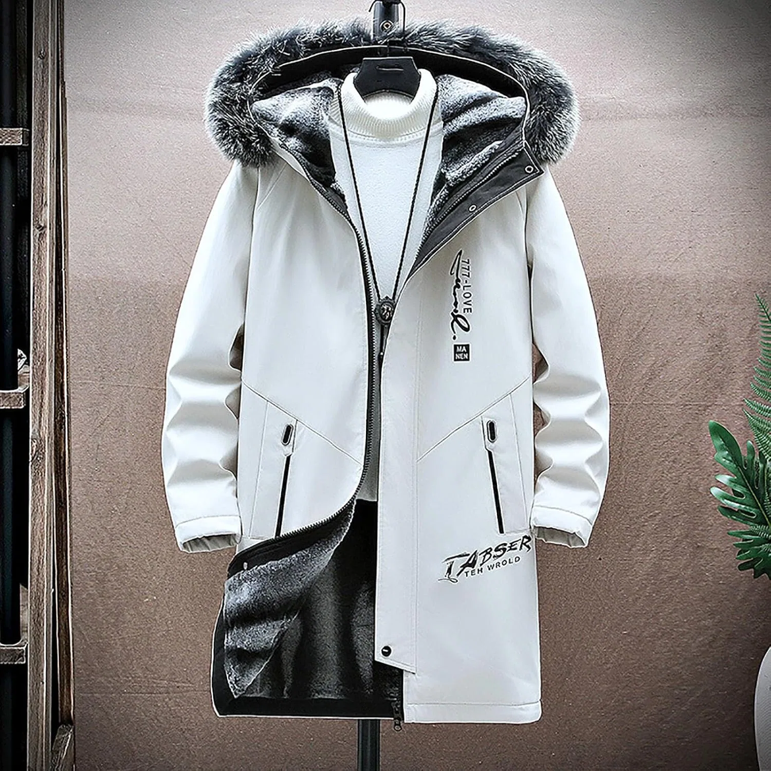 Мужское пальто-тренч с капюшоном, флисовой подкладкой, Winter Jacket, белый — фото 2