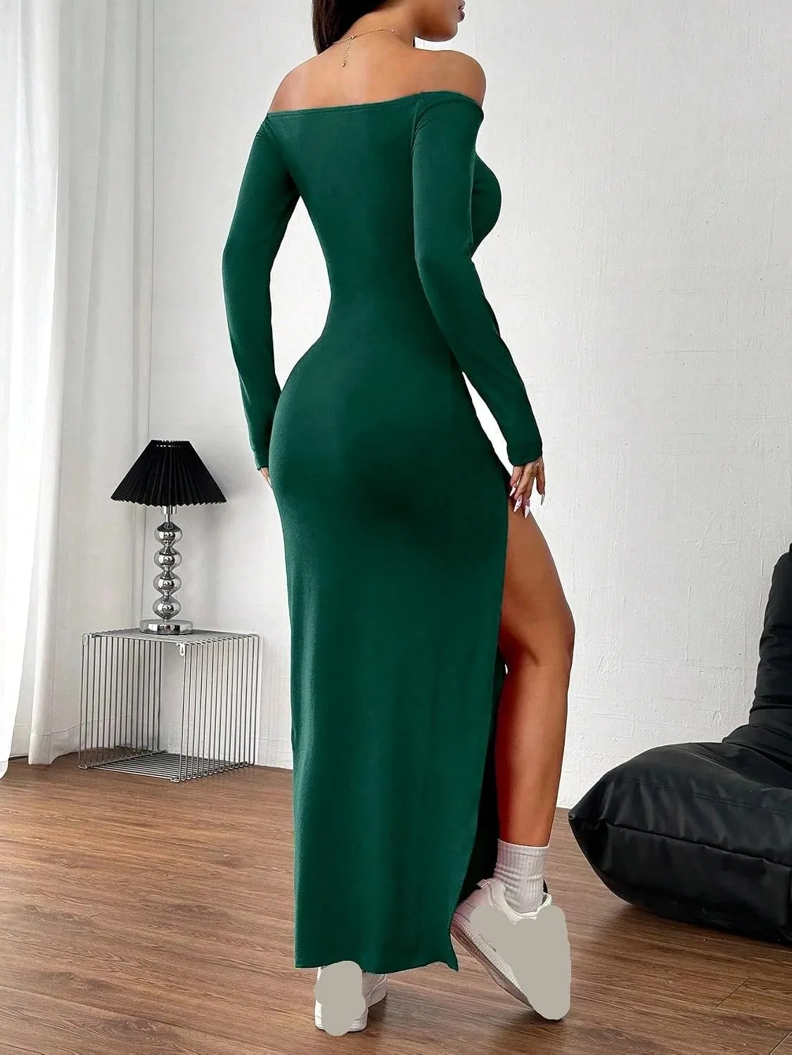 Женское сексуальное платье макси с открытыми плечами, Dark Green — фото 3