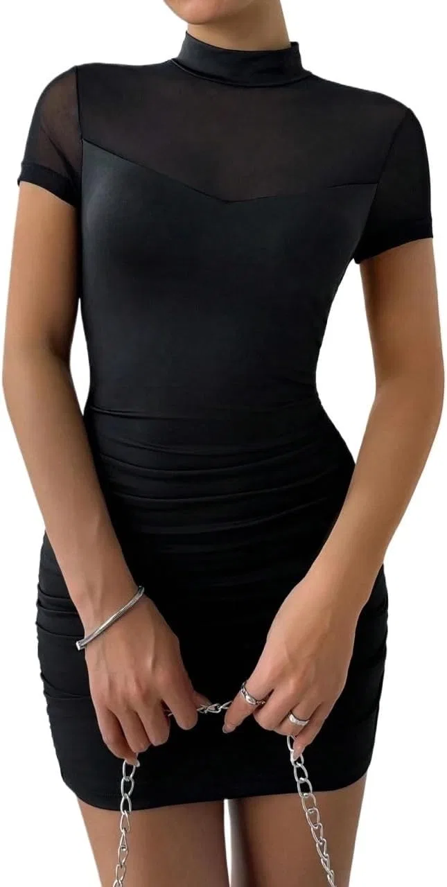 Женское облегающее платье с коротким рукавом и сетчатыми вставками, Black
