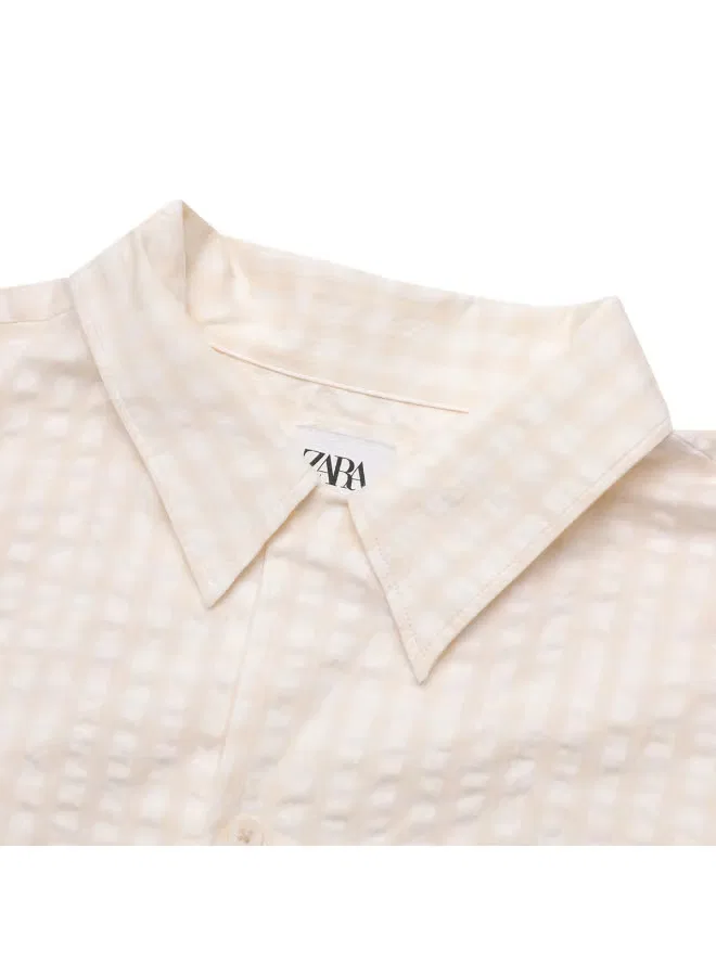 Рубашка с коротким рукавом в клетку Zara, белый/абрикосовый — фото 4
