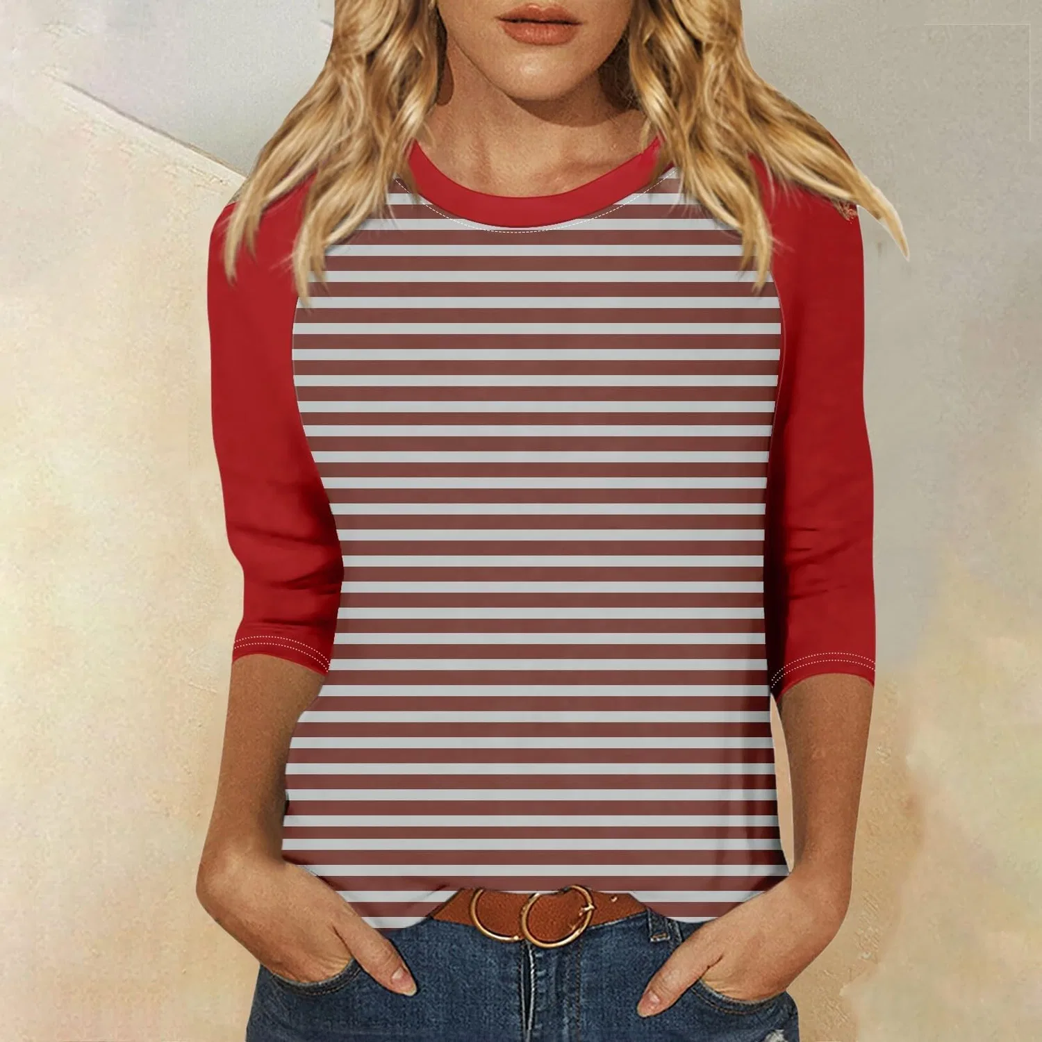 Женская майка с цветочным принтом Floral Print Round Neck Long Sleeve Lace Top, Red-3 — фото 2