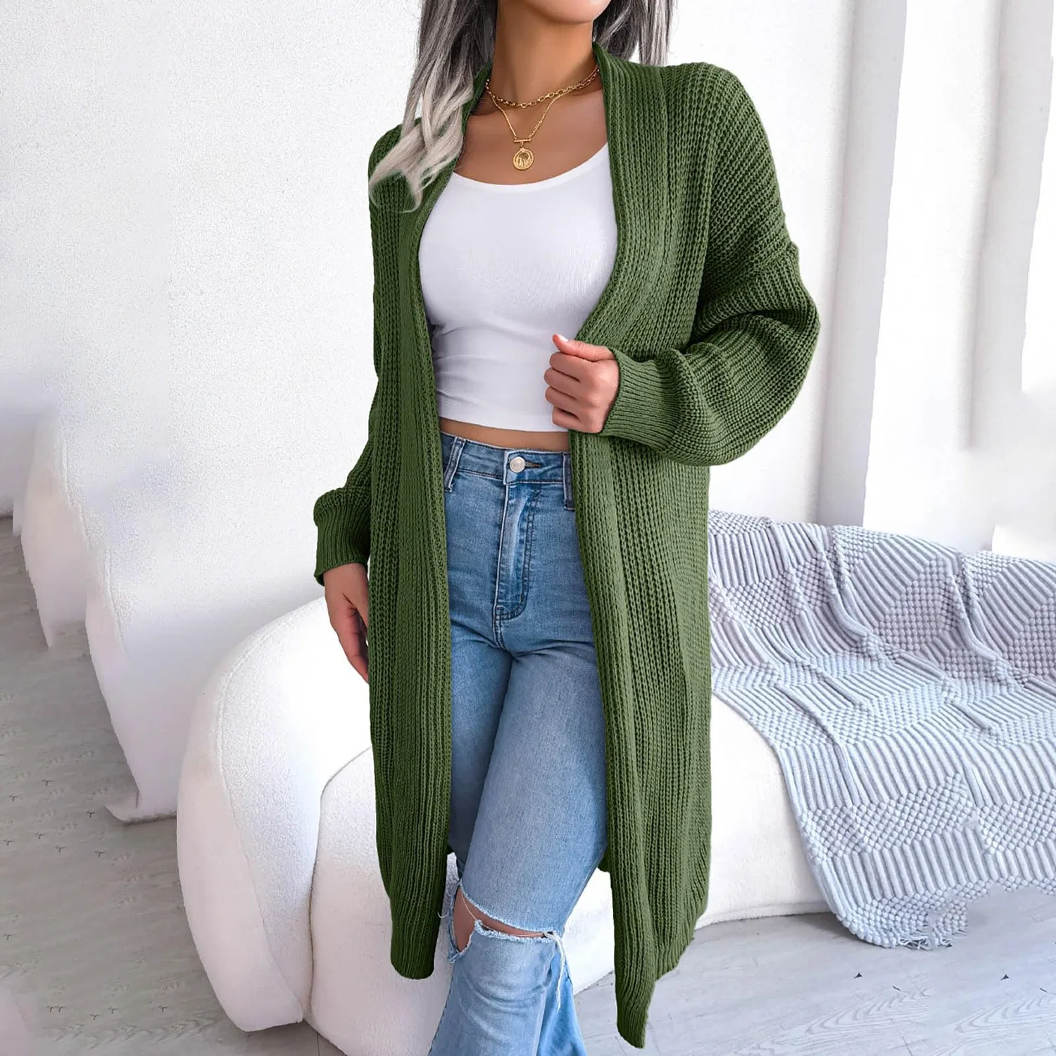 Женская куртка с длинным рукавом, модель Maglioni Donna Invernali, Verde — фото 2