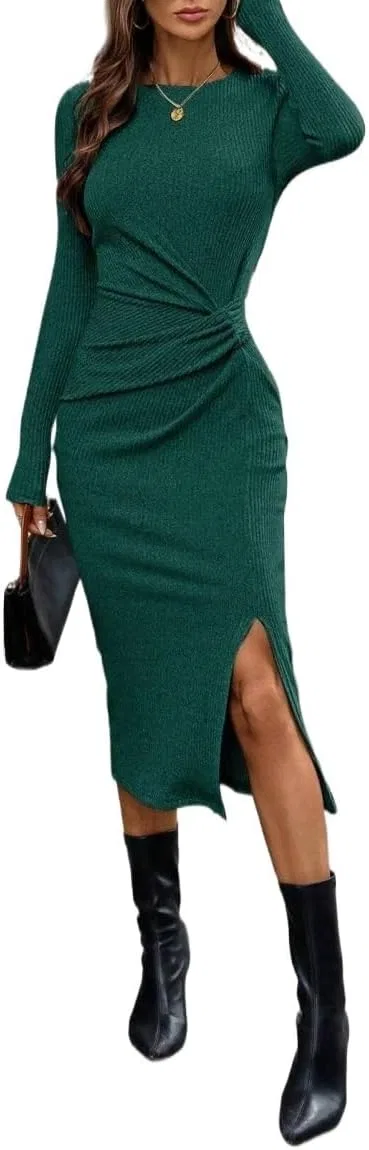 Женское облегающее миди-платье с длинным рукавом Round Neck, Green