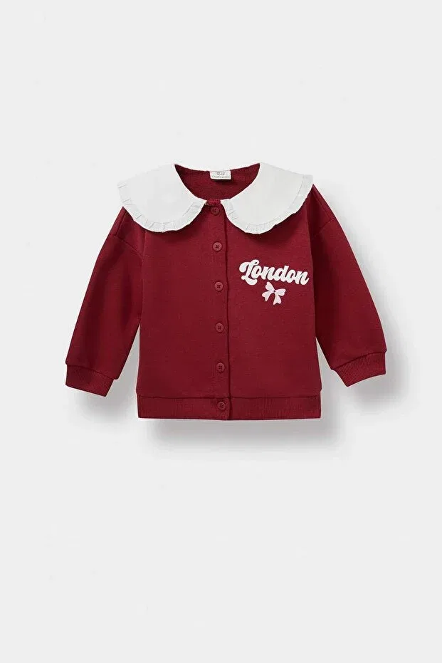 Детский кардиган для девочек с принтом Big Collar Printed Buttoned School Cardigan Baby Girl Defacto, Burgundy-Br285 — фото 2