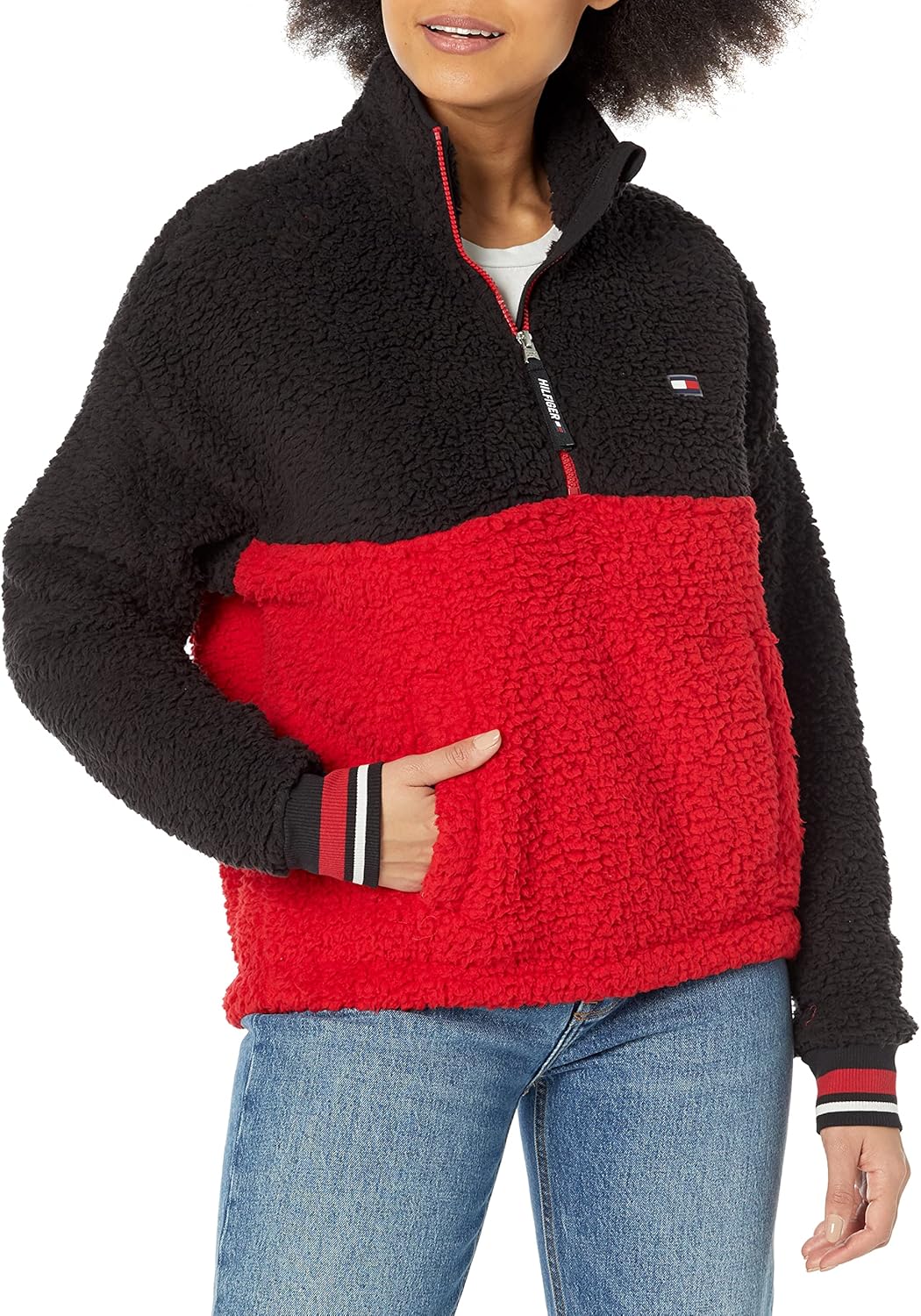 

Женская толстовка Tommy Hilfiger с застежкой-молнией Quarter Zip Sherpa, Black/Red, Черный, Женская толстовка Tommy Hilfiger с застежкой-молнией Quarter Zip Sherpa, Black/Red