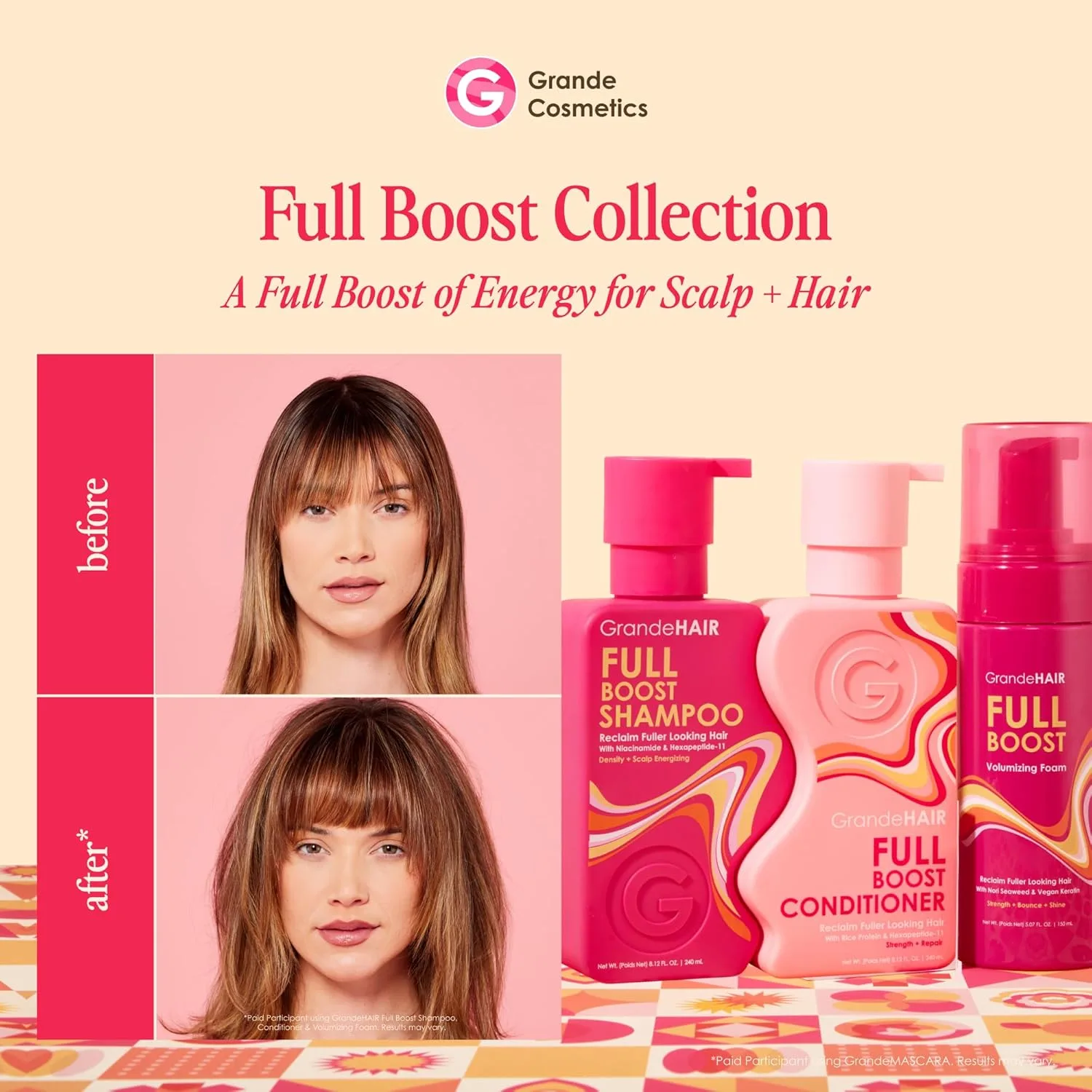 Стартовый набор Grande Cosmetics GrandeHAIR Full Boost - шампунь, кондиционер, пенка для придания объема и сыворотка для усиления эффекта - для более густых и пышных волос. — фото 4