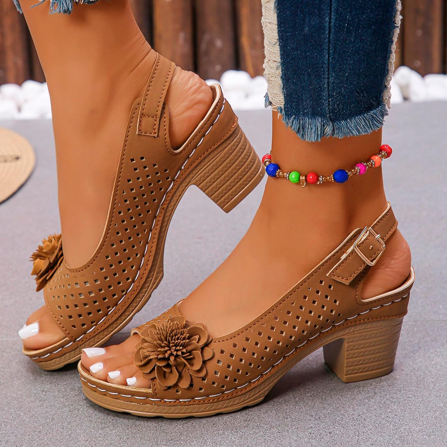 Женские сандалии на клине ZWRXW Sandaly с полостью на носок Peep Toe Plumlow Slingback Slingback Сандалии с клином Bohemian Chic Flowers Нарядные летние сандалии с открытым носком и ремешками, светло-коричневый — фото 2