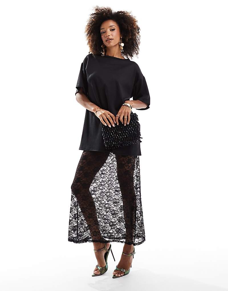 

Черная кружевная футболка и платье миди ASOS DESIGN 2 в 1