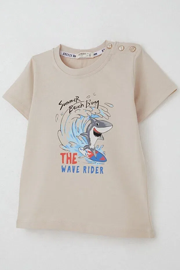 Детская футболка для мальчиков с принтом Surfer Cute Shark Printed Breeze, Beige — фото 3