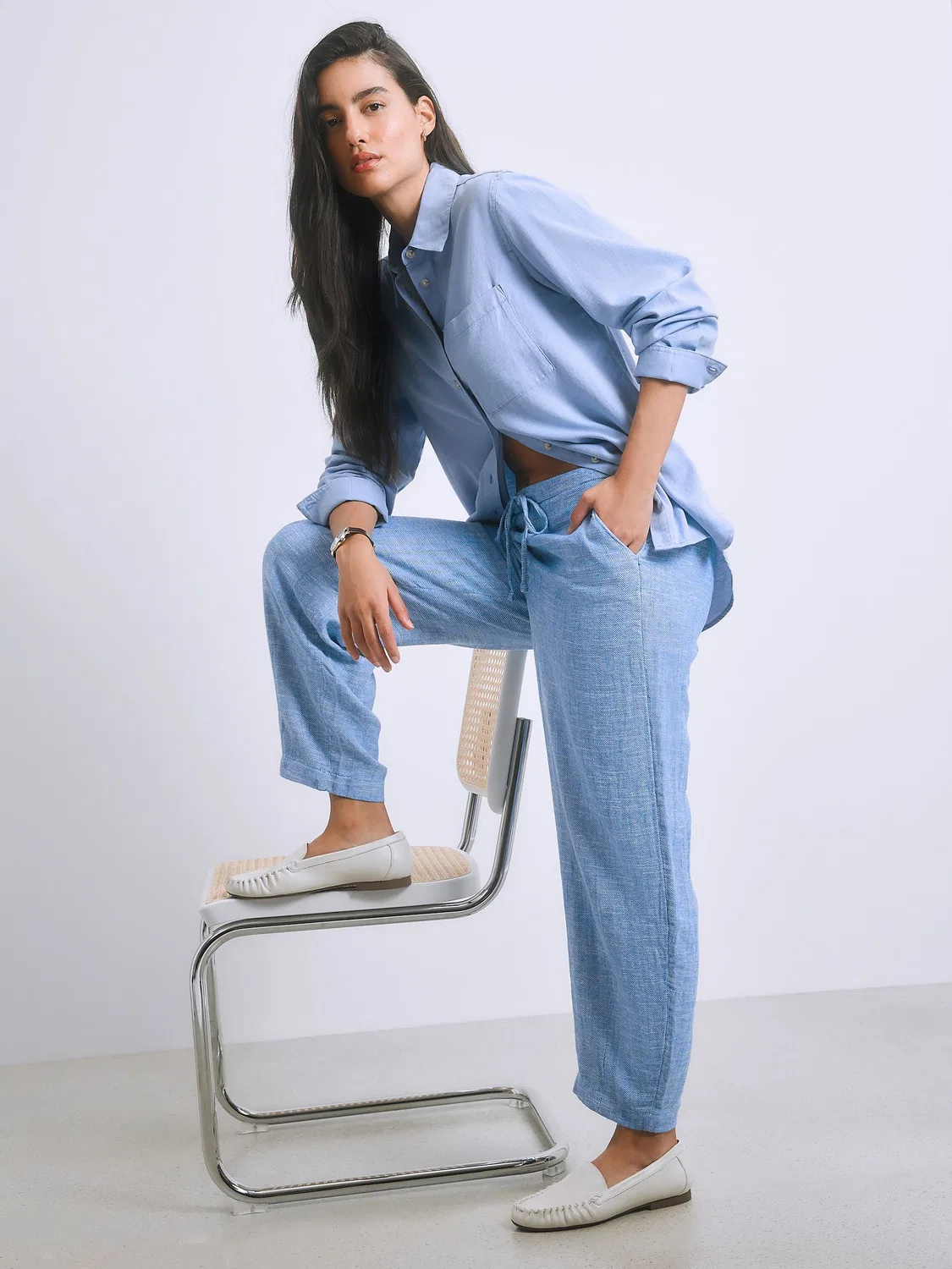 Брюки-бананы из льняной смеси, Chambray Blue Next