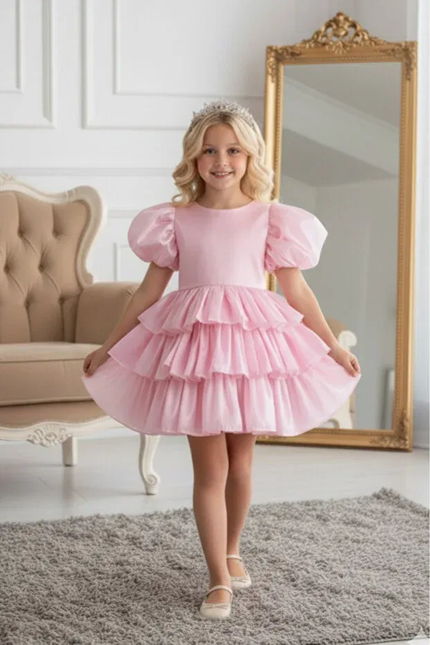 Детское вечернее платье для девочек с воланами Dream Model Crowned Tailed Abiyekids, Pink — фото 4