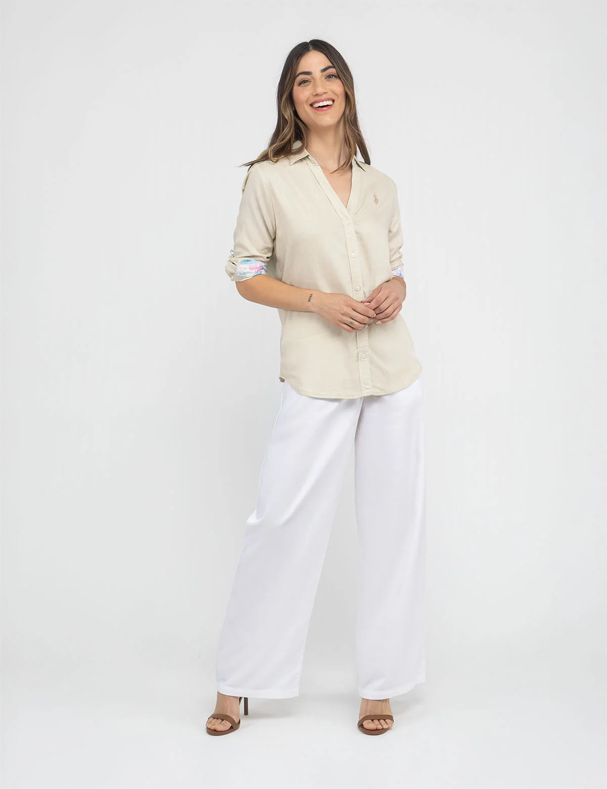 Женская рубашка U.S. Polo Assn. Water Floral Linen Roll Sleeve, песочный — фото 3