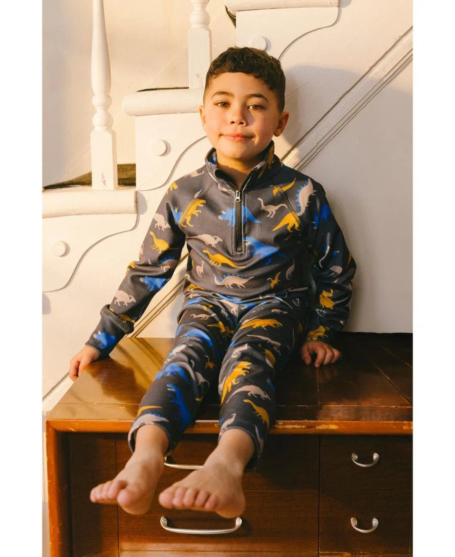 Термобелье детское двухпредметное с принтом динозавров Two Piece Thermal Underwear Dinosaur Print Deux par Deux, Grey And Blue Dinosaur Print — фото 2