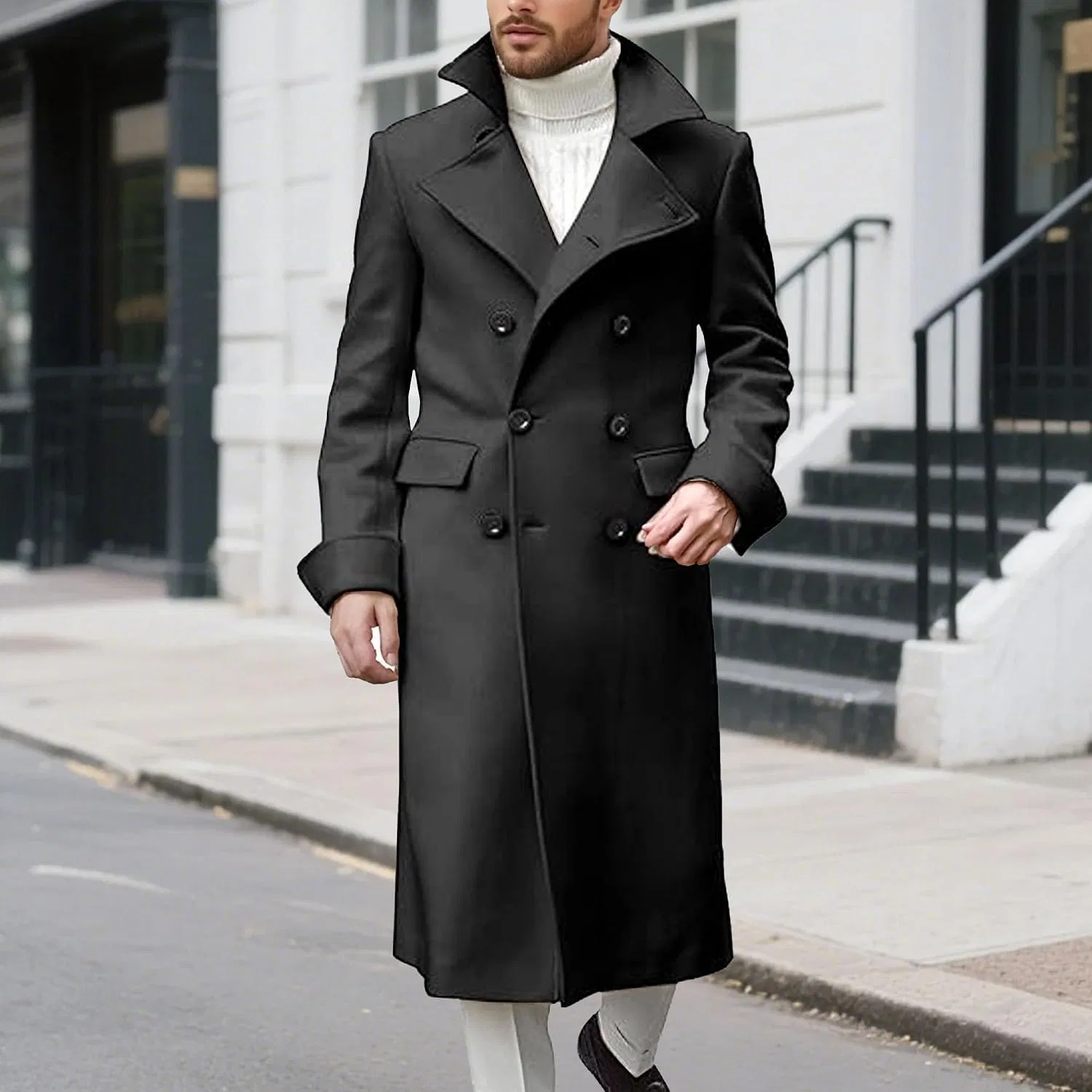 Мужское пальто-тренч с двубортной застежкой, slim fit, чёрный — фото 2