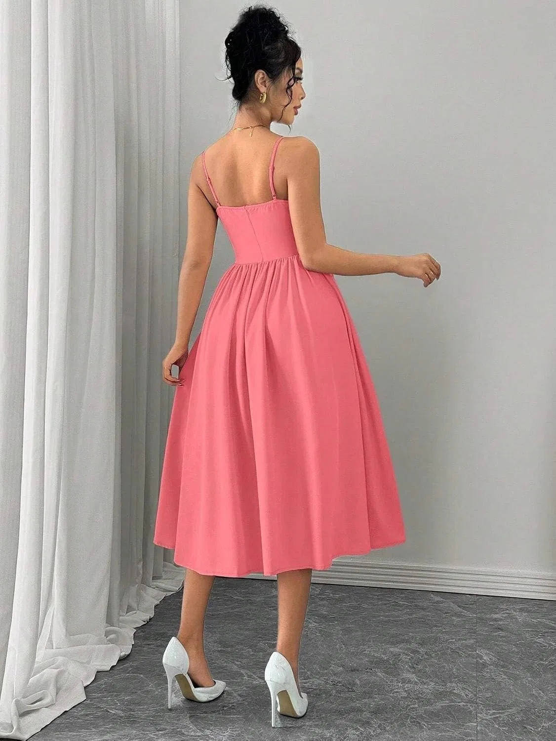 Женское платье миди с завышенной талией на бретелях, Watermelon Pink — фото 2