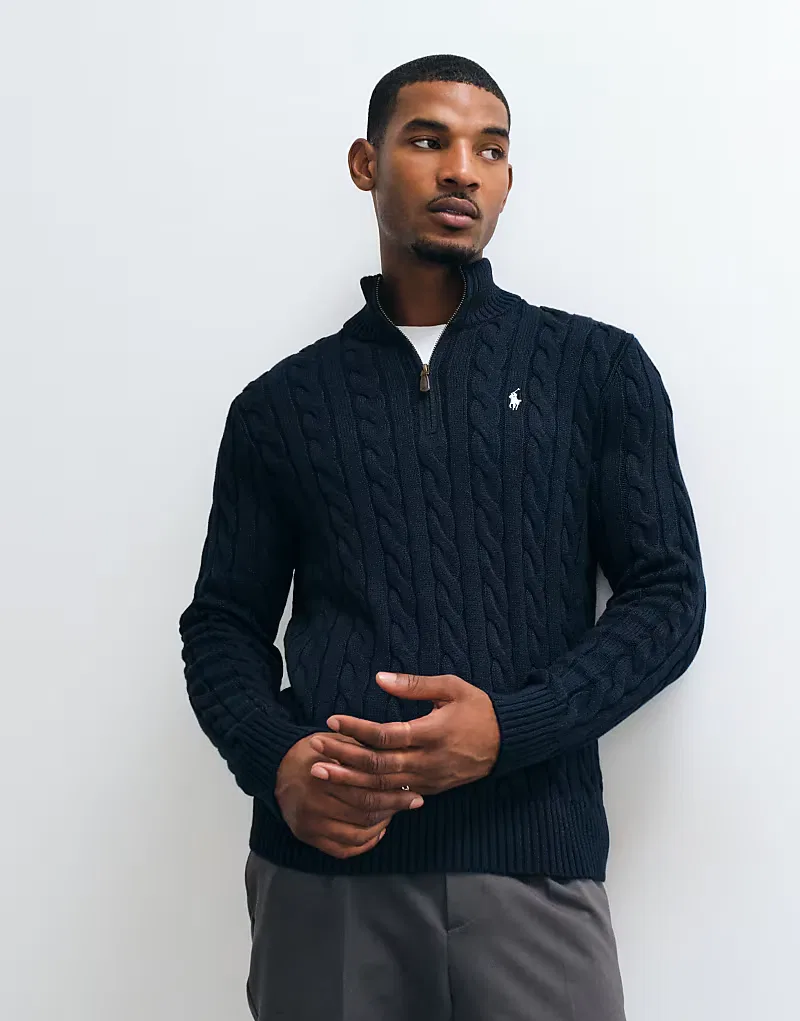 Хлопковая толстовка Polo Ralph Lauren с логотипом Icon и косами, застежка-молния до середины груди, темно-синий — фото 2