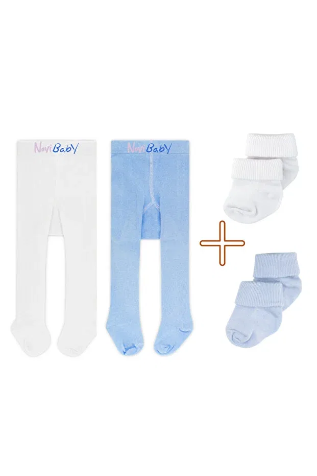 Детский комплект колготок и носков хлопковый Set of 2 baby and kids cotton pantyhose & newborn bamboo baby socks with soft, stretchy construction Novibaby, White Blue