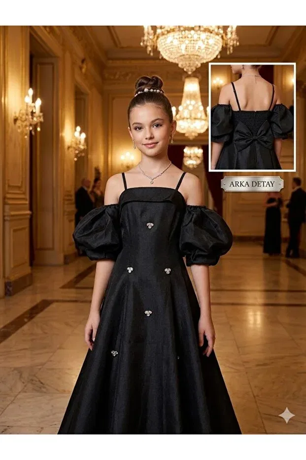 Детское платье для девочек с принтом Balloon Sleeve Girl's Evening Dress With Bow Detail On The Back Erkut, Black