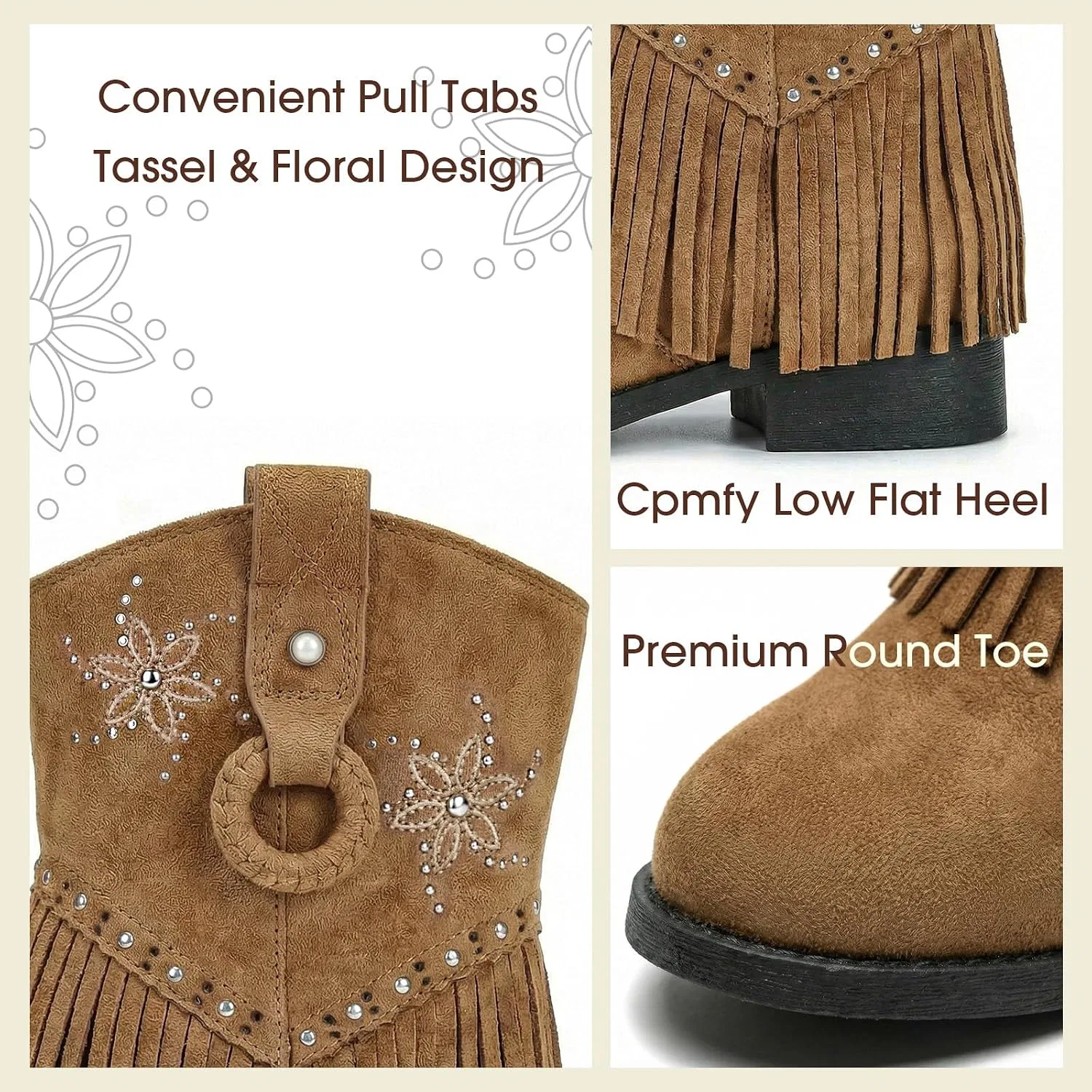 Детские сапоги для девочек с принтом Choiran Fringe Cowgirl Boots, Khaki — фото 4