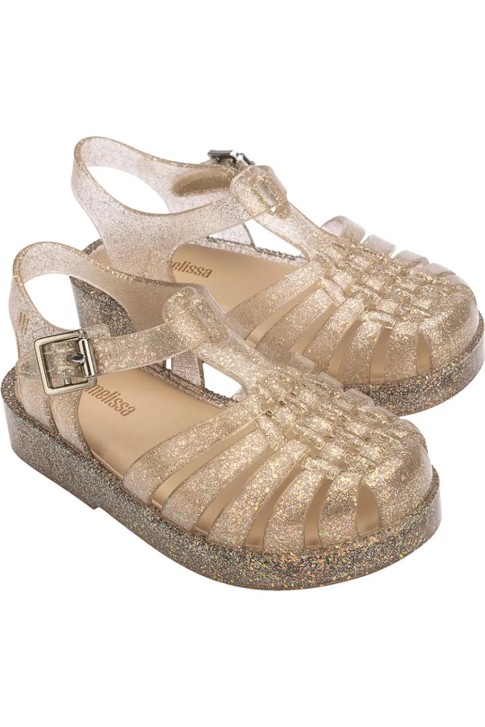 Сандалии детские рыболовные на пряжке Mini Posses Mini Melissa, Beige Silver Glitter