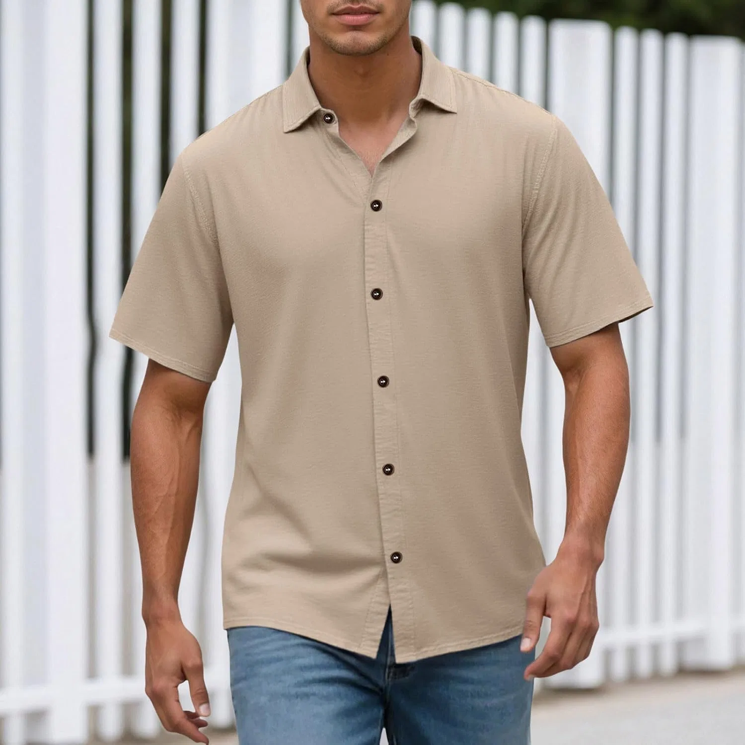 Мужская рубашка с коротким рукавом, хлопковая, slim fit, хаки — фото 2